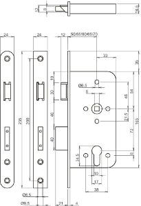 Afbeeldingen van LIPS Veiligheidsdeurslot, PC-uitsparing 2422, doornmaat 50 mm, zonder sluitplaat, pc-72, rvs