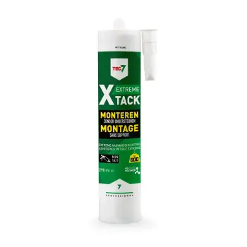 Extreem monteren zonder ondersteunen. Al supersterk vóór uitharding: 600kg/m²
Stabiel bij lijmdikte tot 40mm.
Blijvend elastisch.
Vrij van ftalaten, solventen en isocyanaten.
Veilig op spiegels, geen aftekening op natuursteen.
Bijna reukloos.
Ook op vochtige, gladde ondergrond.
Schimmel- en bacteriebestendig.
Water- en luchtdicht
Te gebruiken op de meeste bouwmaterialen.