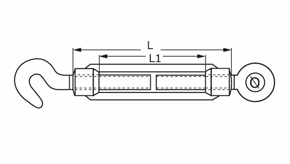 Lijntekening DX spanschroef haak-oog DIN 1480