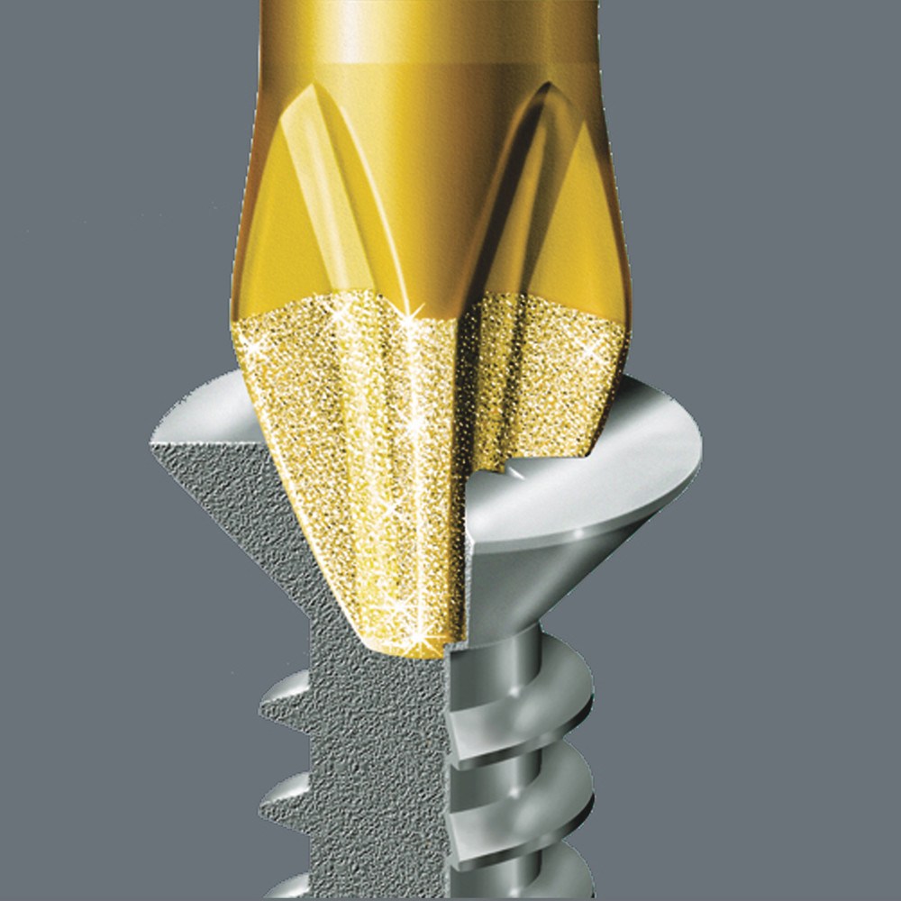 <b>Betere grip in de schroef</b><br/>Met de door Wera ontwikkelde productietechnologie geldt de Wera Diamant-bit tot op de dag van vandaag als de norm op het gebied van duurzaamheid en functionaliteit. Diamant gecoate Wera bits zorgen voor een betere grip in de schroef.
