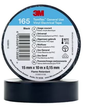 3M Isolatietape 165, Zwart, 15mmx10 m 165BK1E
