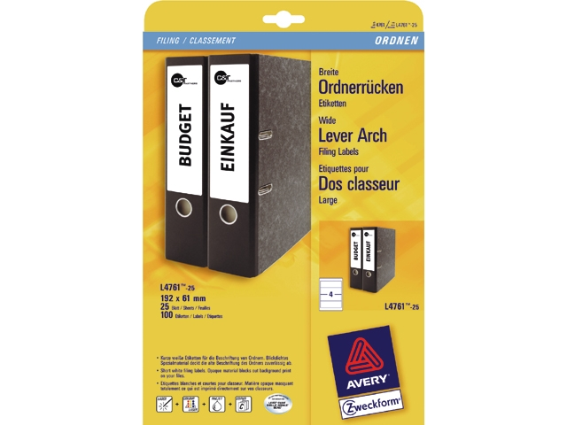 Rugetiket avery l/i/k l4761 192x61mm