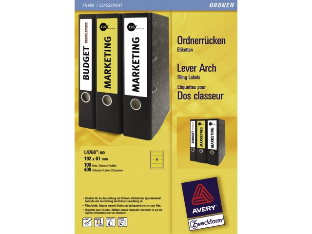 rugetiket avery l/i/k l4769 192x61mm geel