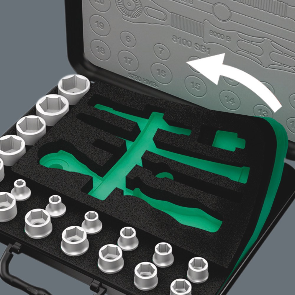 <b>Tweekleurige schuimrubber-inlegelement</b><br/>Perfect doordacht tot in het detail:  De Zyklop Speed-ratelsleutelboxen. Door de tweekleurige schuimrubber-inlegelement kan gereedschap dat niet meer nodig is, snel en netjes gesorteerd worden opgeborgen. U ziet direct welk gereedschap er ontbreekt. De uitrusting en de positie van het gereedschap zijn goed zichtbaar en onuitwisbaar in het deksel gelaserd. Het schuimrubberen inlegelement kan zo nodig uit de box worden gehaald.